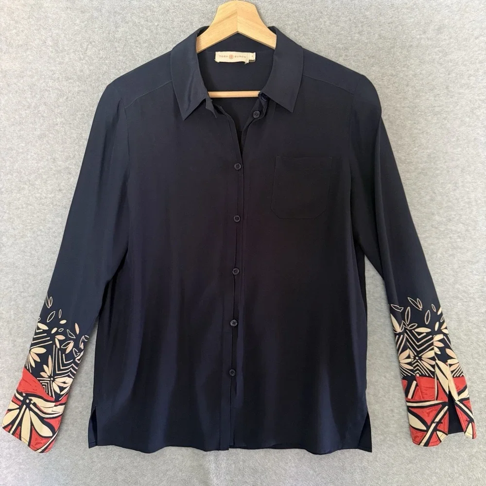 Tory Burch Women's Silk Blouse Shirt Navy Blue Size 4 Patterned Cuffs Orange